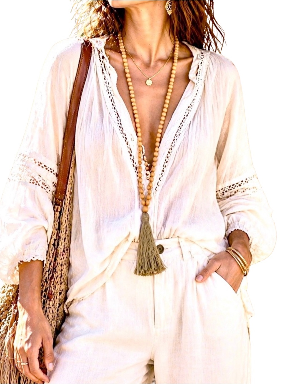 Beige Wood Bead Necklace with Gray Tassel